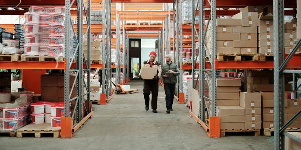 Large retail distribution warehouse with systematic product organization and loading docks