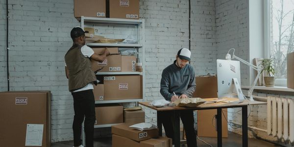 Modern e-commerce warehouse with automated package sorting and conveyor systems