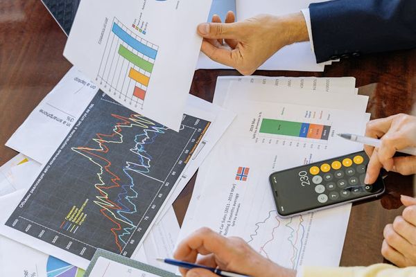 Professional logistics consultant analyzing transportation data with client